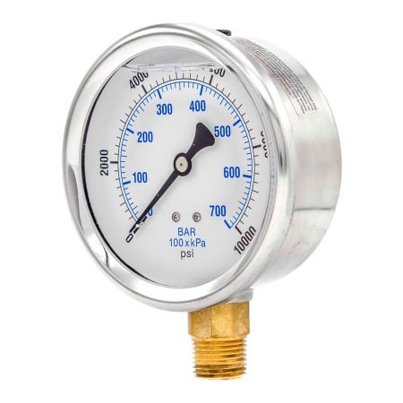 Engineered Specialty Products, Inc Pic Gauges 4" Pressure Gauge, Liquid Filled, 10,000 PSI, Stainless Case, Lower Mount, 201L-402U 201L-402U